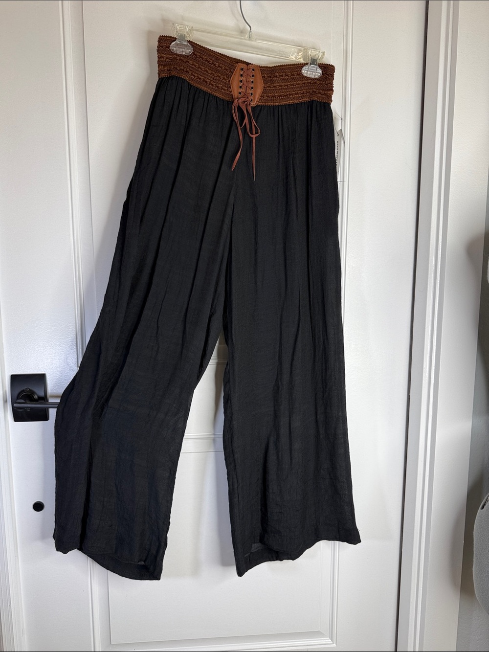 Roommates XL Black Pants with Brown Crochet Waist and Lace-Up Front